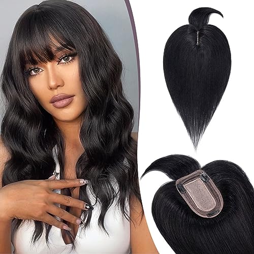 TESS Hair Topper Echthaar Schwarz, 7x13cm Basis Toupet Damen #1 Schwarz mit Pony Haartopper Echthaar 53g 45 cm Haar Topper Clip in Haarteil Extensions von TESS