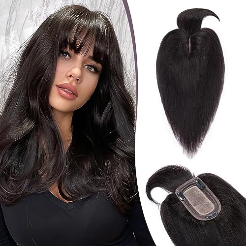 TESS Hair Topper Echthaar Schwarz, 7x13cm Basis Toupet Damen #1B Naturschwarz mit Pony Haartopper Echthaar 53g 45 cm Haar Topper Clip in Haarteil Extensions von TESS
