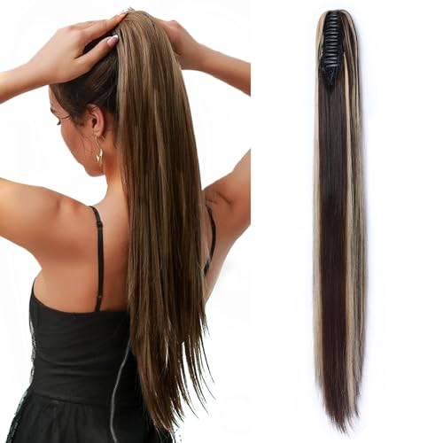 TESS Pferdeschwanz Clip Extensions, 66 cm Glatt Pferdeschwanz Haarteil Dunkelbraun mit Aschblond hervorgehoben Haarverlängerungen für Zopf Synthetische für Frauen von TESS