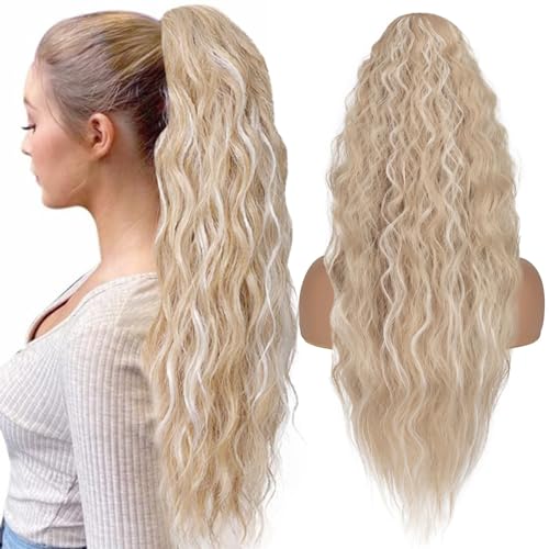 TESS Lange Pferdeschwanz Haarteil mit Kordelzug 80cm, Corn Wave Lockige Synthetische Ponytail Extension, Haarverlängerung Clip in Haarteile Haarzopf für Frauen Aschblond mit Highlights TESS Lange Pferdeschwanz Haarteil mit Kordelzug 80cm, Corn Wave Lockige Synthetische Ponytail Extension, Haarverlängerung Clip in Haarteile Haarzopf für Frauen Aschblond mit Highlights von TESS