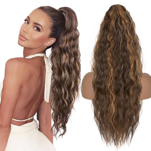 TESS Lange Pferdeschwanz Haarteil mit Kordelzug 80cm, Corn Wave Lockige Synthetische Ponytail Extension, Haarverlängerung Clip in Haarteile Haarzopf für Frauen Kastanienbraun mit goldenen Reflexen von TESS