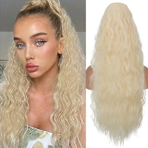 TESS Lange Pferdeschwanz Haarteil mit Kordelzug 80cm, Corn Wave Lockige Synthetische Ponytail Extension, Haarverlängerung Clip in Haarteile Haarzopf für Frauen Lichtblond von TESS