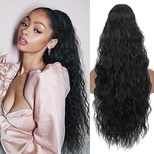 TESS Lange Pferdeschwanz Haarteil mit Kordelzug 80cm, Corn Wave Lockige Synthetische Ponytail Extension, Haarverlängerung Clip in Haarteile Haarzopf für Frauen Naturschwarz von TESS