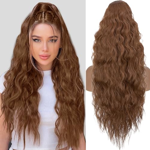 TESS Lange Pferdeschwanz Haarteil mit Kordelzug 80cm, Corn Wave Lockige Synthetische Ponytail Extension, Haarverlängerung Clip in Haarteile Haarzopf für Frauen Rotbraun von TESS