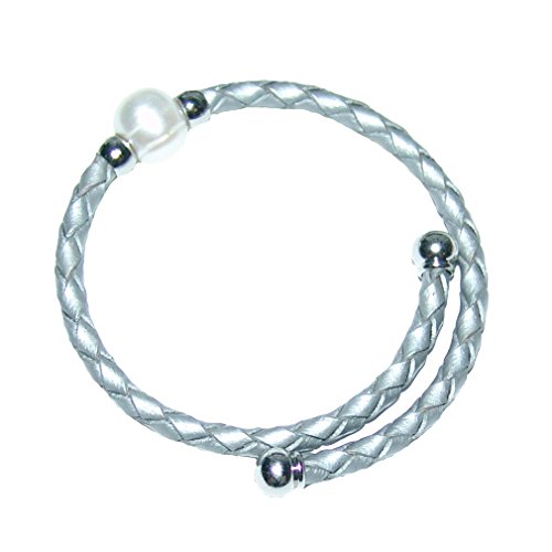 Janni-Shop®-Armbänder Leder Armband/Reif Silber Grau Geflochten mit Süßwasser Perle Creme Weiß Ein Echter Hingucker Schlicht und Edel ! von Janni-Shop-Armbänder