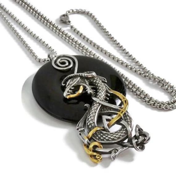 50 Stück - Onyx Und Drachen Halskette Edelstahl 40 Mm Naturstein-Scheibe 66 cm Kette Drachenflügel Silber & Andarna Gold von TESandTreasures