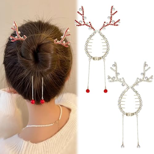 Rentier Haarspangen Weihnachten 2 Stück, Weihnachtsdeko Rentier Haarspangen Mädchen Haarspangen Damen, Weihnachts Haarschmuck Haarklammer, Rentier Figur Kristal Haarschmuck Weihnachten (A) von TETSMG