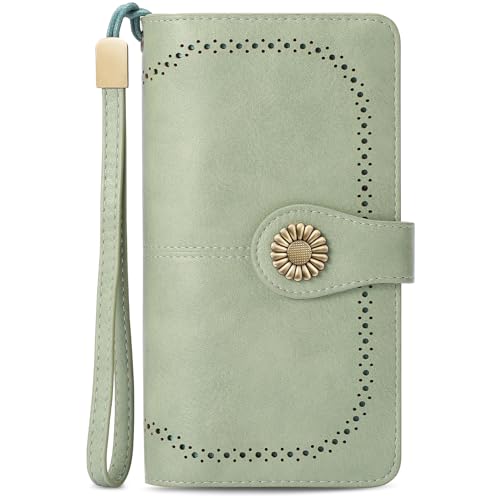 TEUEN Geldbörse für Damen, großes Fassungsvermögen, RFID-Blockierung mit Checkier, Ausweis, Kartenfächer, Organizer mit Reißverschluss für Münzen, Geschenk für Damen, Vintage Grün, Minimalistisch von TEUEN