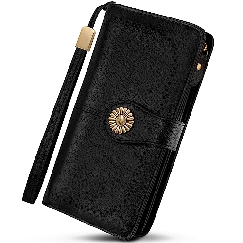 TEUEN Geldbörse für Damen, großes Fassungsvermögen, RFID-Blockierung mit Checkier, Ausweis, Kartenfächer, Organizer mit Reißverschluss für Münzen, Geschenk für Damen, Schwarz - Vintage Noir, von TEUEN