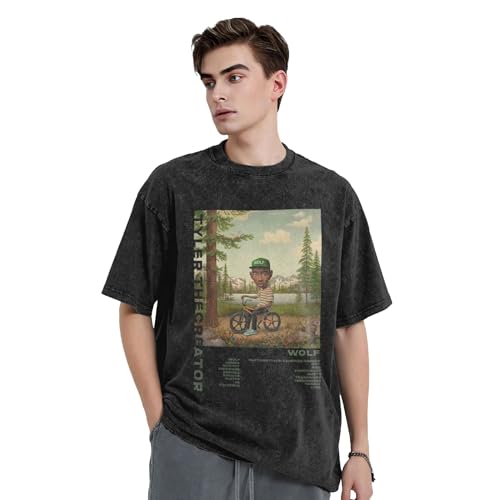 Creator Rapper Vintage Gewaschene T - Shirt mit Abfallärmeln, klassisches Rundhalsausschnitt, Kurze Ärmel Schwarz S~XXL von TEUIFAT