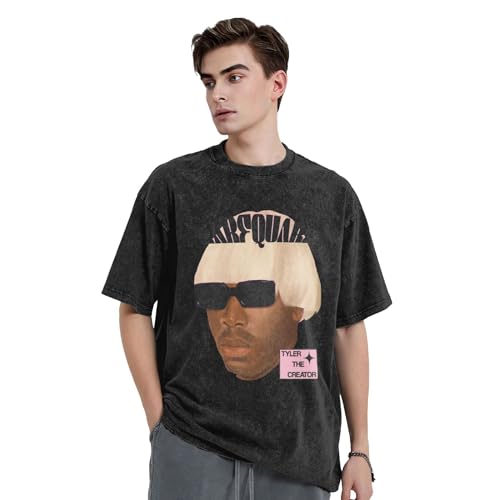 Tyler Rapper The Creator Singer Music Vintage Gewaschene T - Shirt mit Abfallärmeln, klassisches Rundhalsausschnitt, Kurze Ärmel Schwarz S~XXL von TEUIFAT