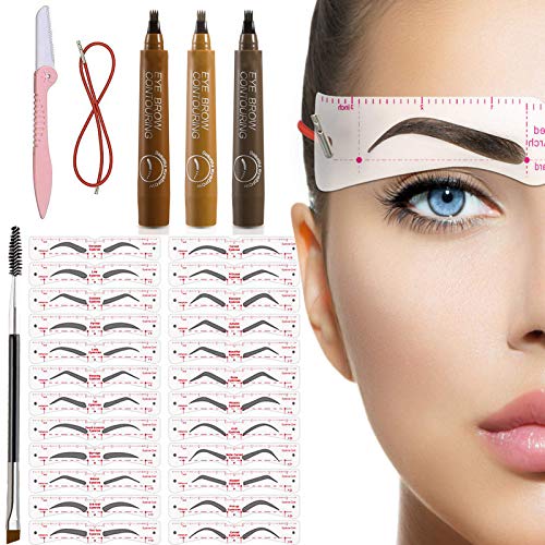 TEUVO 24 Stile Augenbrauen Schablone für Anfänger 3 Minuten Make-up, Wiederverwendbar Augenbrauen Schablonen Set mit 1 Pinsel 1 Trimmer und 3 Augenbrauenstifte von TEUVO