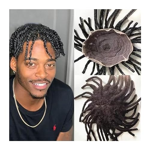 Herrenperücke Dreadlock-Vollspitze-Toupet-Perücke for schwarze Männer, mono-lockiges männliches Haar, Prothese, 20 x 25 cm, Afro-Lockenhaar-Systemeinheit, natürliches schwarzes Echthaar-Herren-Toupet von TEXBOOK