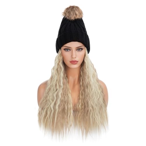 Hut Mit Befestigten Haaren für Damen Exquisite und schöne Damen-Mütze mit langem, lockigem Haar, gewellt, flauschig, for den Winter, warme Wolle, natürlicher realistischer Perückenhut Hutperücke (Col von TEXBOOK