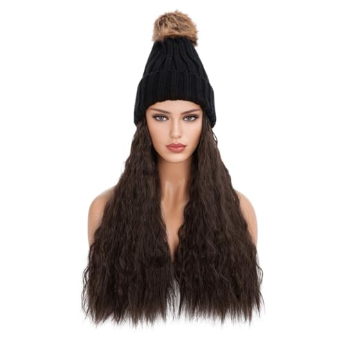 Hut Mit Befestigten Haaren für Damen Exquisite und schöne Damen-Mütze mit langem, lockigem Haar, gewellt, flauschig, for den Winter, warme Wolle, natürlicher realistischer Perückenhut Hutperücke (Col von TEXBOOK