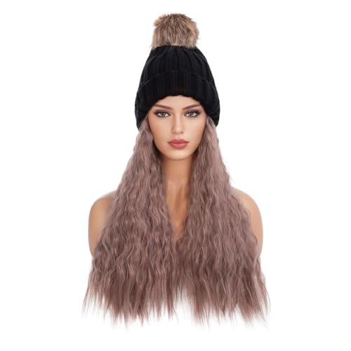 Hut Mit Befestigten Haaren für Damen Exquisite und schöne Damen-Mütze mit langem, lockigem Haar, gewellt, flauschig, for den Winter, warme Wolle, natürlicher realistischer Perückenhut Hutperücke (Col von TEXBOOK