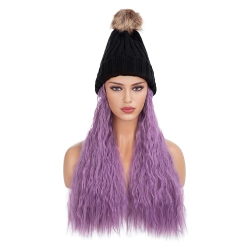 Hut Mit Befestigten Haaren für Damen Exquisite und schöne Damen-Mütze mit langem, lockigem Haar, gewellt, flauschig, for den Winter, warme Wolle, natürlicher realistischer Perückenhut Hutperücke (Col von TEXBOOK