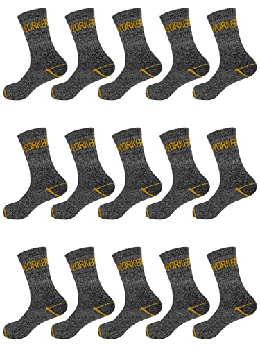 TEXEMP 10 oder 15 Paar Herren Arbeitssocken Work Strümpfe Dicke Robuste Socken Baumwolle (Lager 90, Grau, 39-42, 15 Paar) von TEXEMP