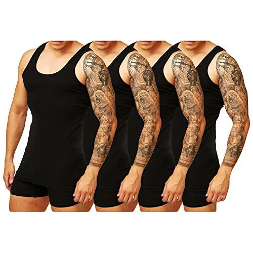 TEXEMP 4er Pack Herren Unterhemd Achselhemd 100% Baumwolle Tank Top Feinripp - Schwarz, L, 1 Paket (4 Stück) von TEXEMP