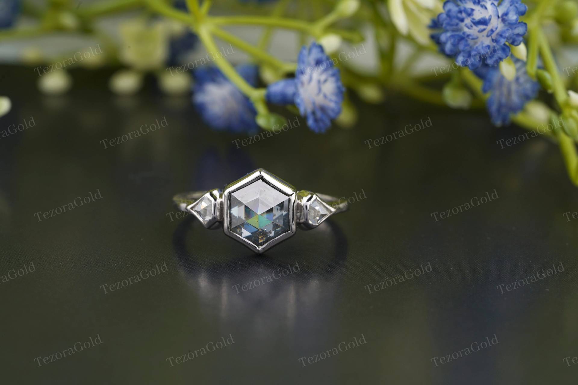 Hexagon Salz Und Pfeffer Diamant Ring Lünette Set Zwei Kite Shaped Drei Stein Verlobungsring Unikat Ehering Jahrestag Versprechen von TEZORAGOLD