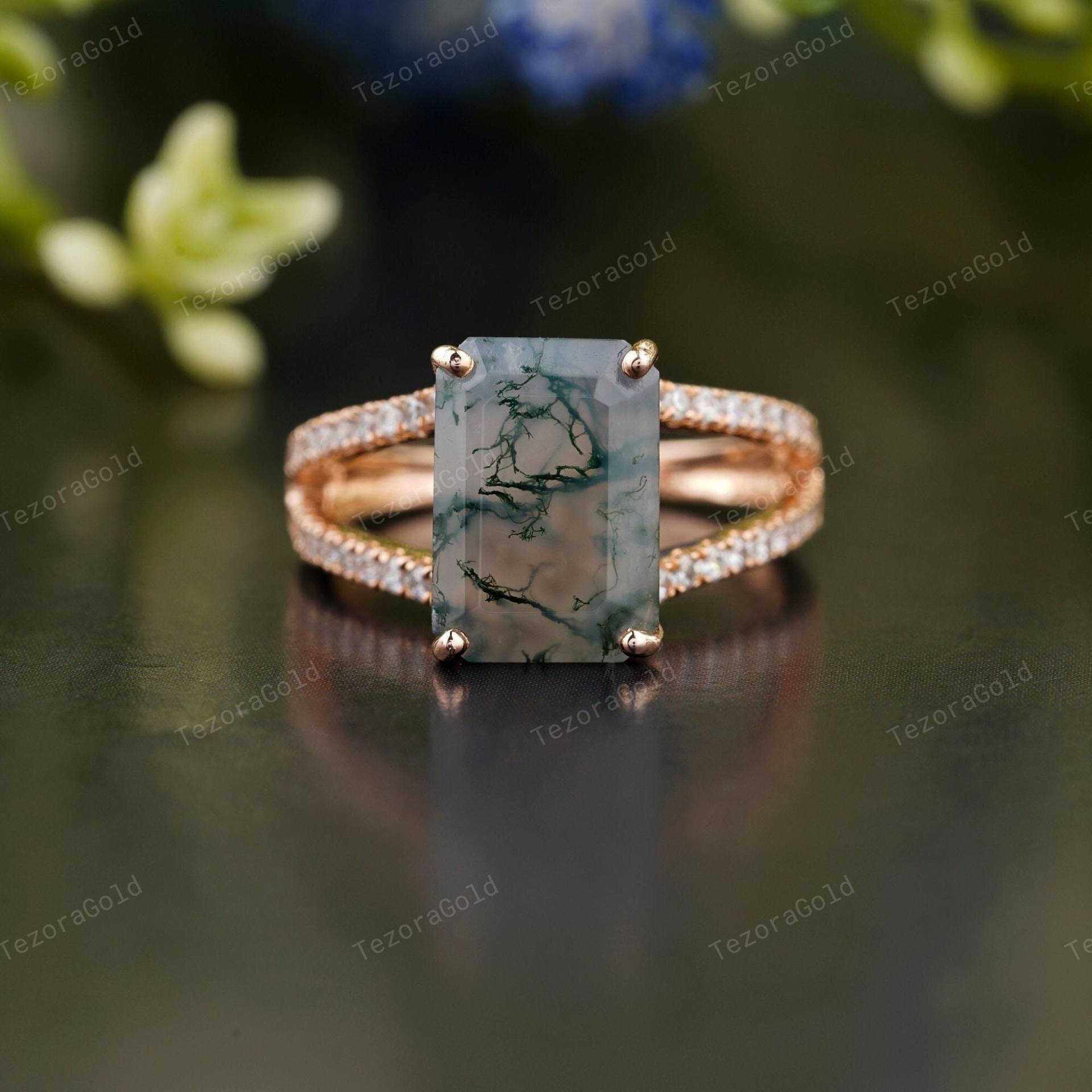 Moos Achat Ring, Solid Gold Diamant Grün Smaragd Ehering, Vintage Split Schaft Farblos Edelstein Ring von TEZORAGOLD