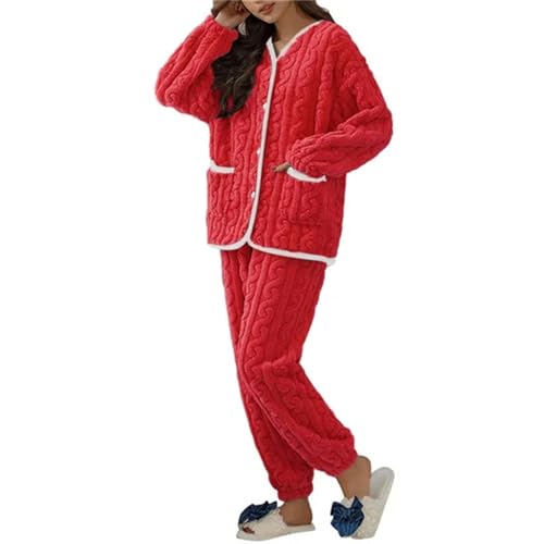 TEidea Schlafanzug Damen Winter Winter Warme Frauen Pyjamas Set Dicke Korallensamt Langarm Pyjamas Set Freizeit Nachtwäsche Für Frauen-Rot-M von TEidea