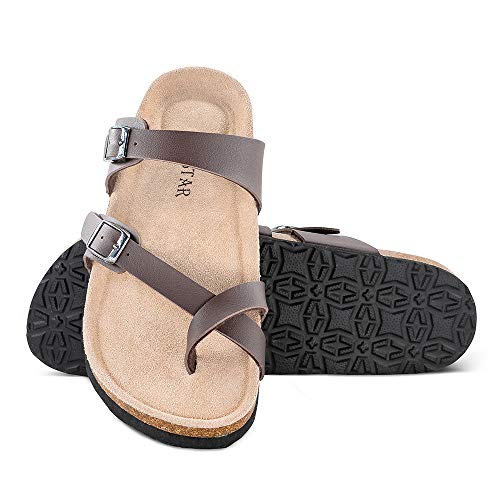 TF STAR Verstellbare Sandalen, Mayari Flache Leder-Hausschuhe für Damen & Damen, Flip-Flops Ring Offene Zehenpartie Slide Kork Fußbett für Teenager/Mädchen, braun, 43 EU von TF STAR