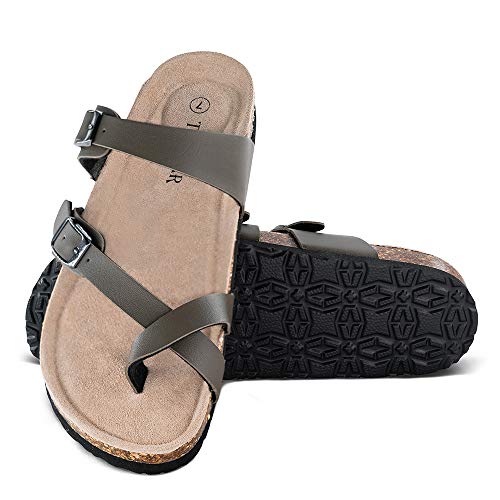 TF STAR Verstellbare Sandalen, Mayari Flache Leder-Hausschuhe für Damen & Damen, Flip-Flops Ring Offene Zehenpartie Slide Kork Fußbett für Teenager/Mädchen, khaki, 43 EU von TF STAR