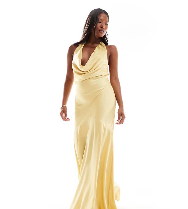 TFNC Petite - Bridesmaid - Brautjungfern-Maxikleid aus Satin in Honiggelb mit Neckholder-Braun von TFNC Petite