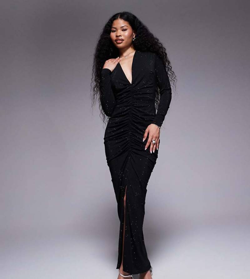 TFNC Petite - Langärmliges Maxikleid in Schwarz mit tiefem Ausschnitt und Verzierung von TFNC Petite