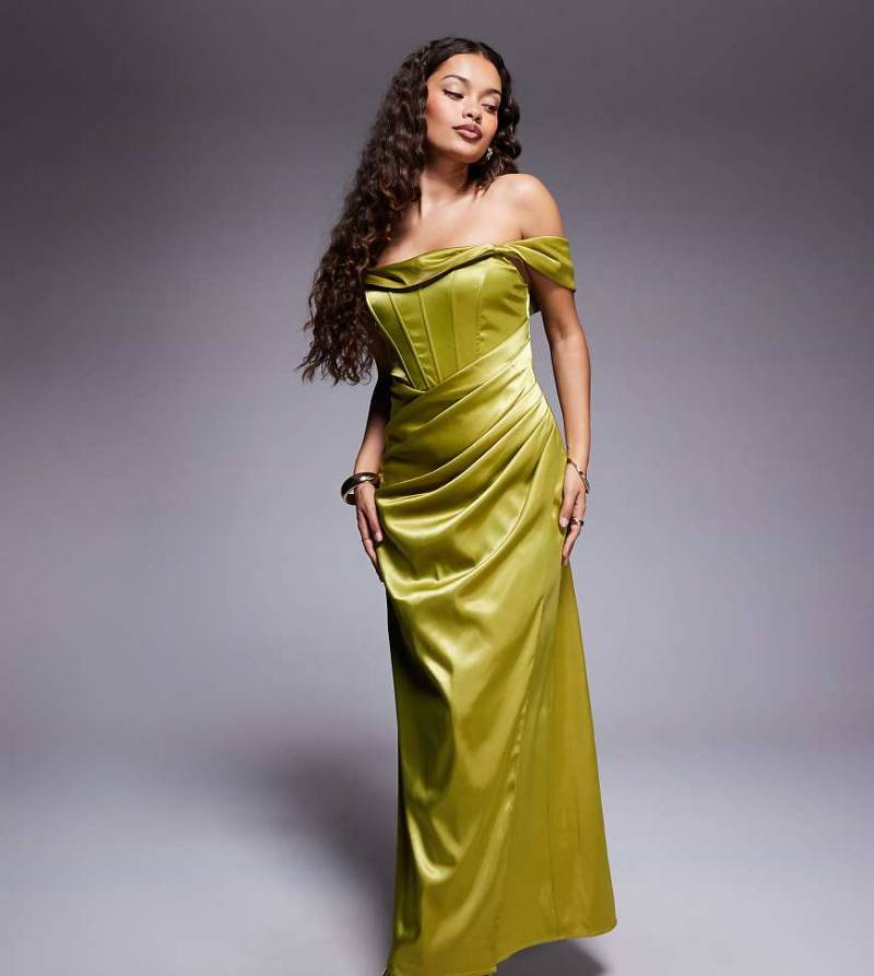 TFNC Petite - Maxikleid aus Satin in Olivgrün mit Korsett-Design und tief angesetzter Schulterpartie von TFNC Petite