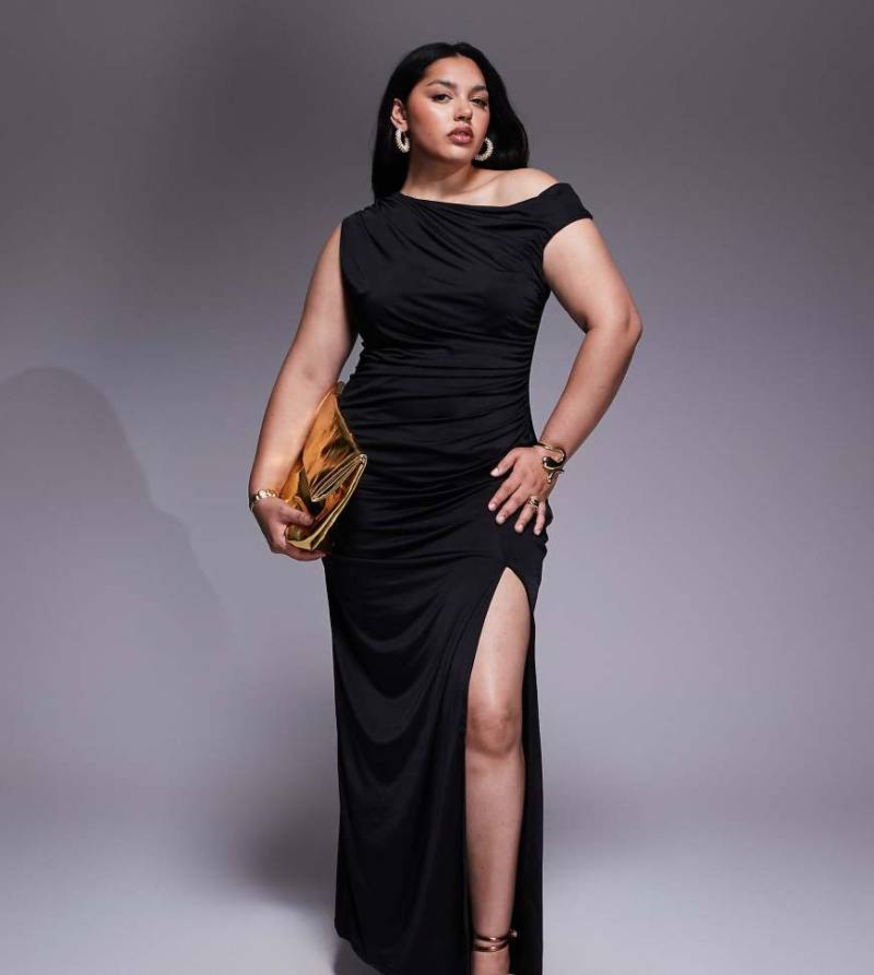 TFNC Plus - Asymmetrisches Midikleid in Schwarz mit hohem Beinschlitz von TFNC Plus