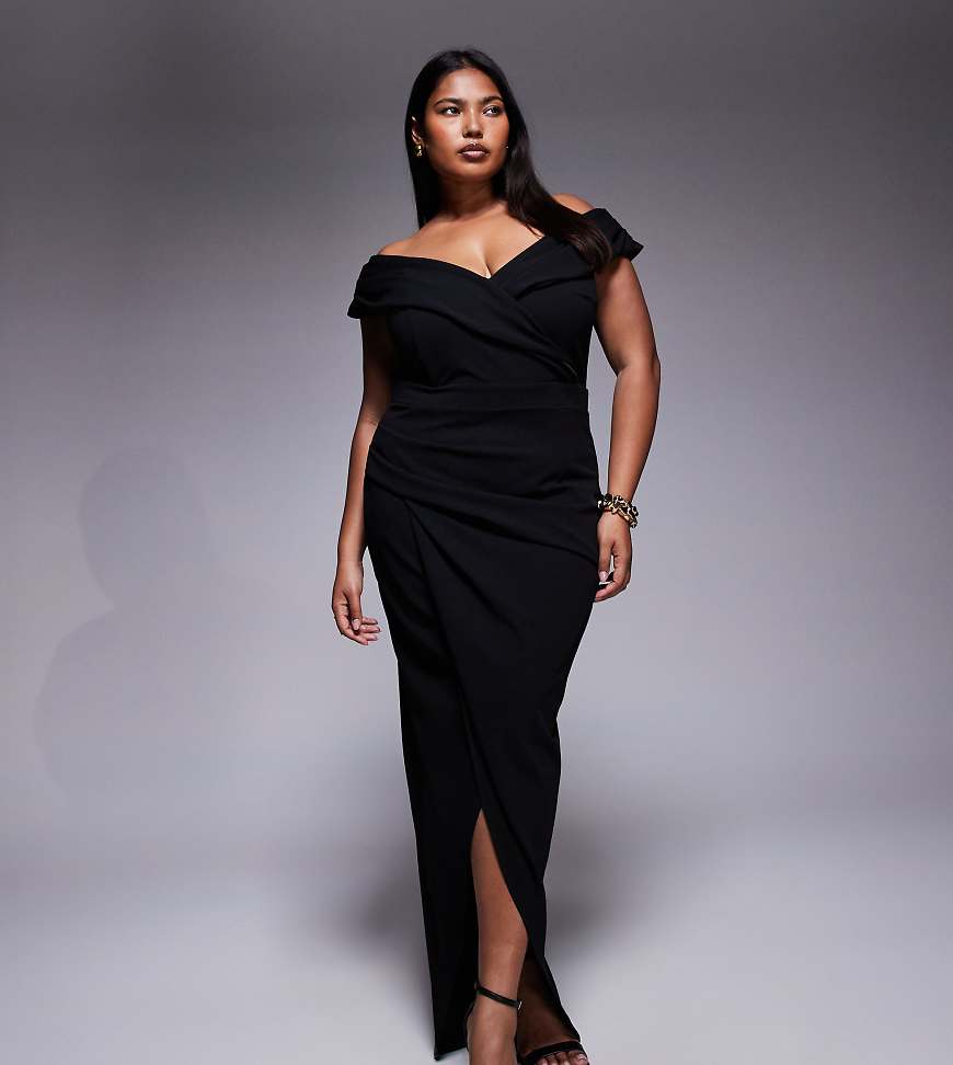 TFNC Plus - Midaxi-Kleid in Schwarz im Wickeldesign mit Carmen-Ausschnitt TFNC Plus - Midaxi-Kleid in Schwarz im Wickeldesign mit Carmen-Ausschnitt von TFNC Plus