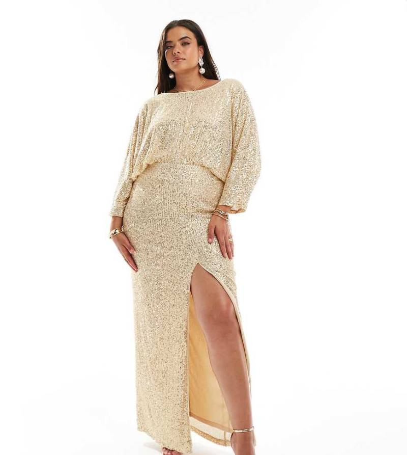 TFNC Plus - Pailletten-Maxikleid in Gold mit Kimono-Oberteil-Goldfarben von TFNC Plus