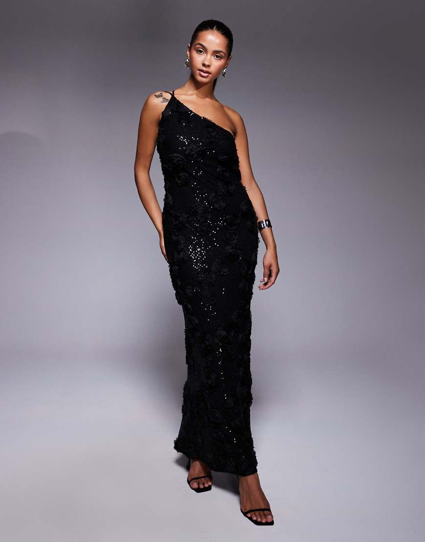 TFNC - Maxikleid in Schwarz mit One-Shoulder-Träger und Pailletten-Blumenmuster von TFNC