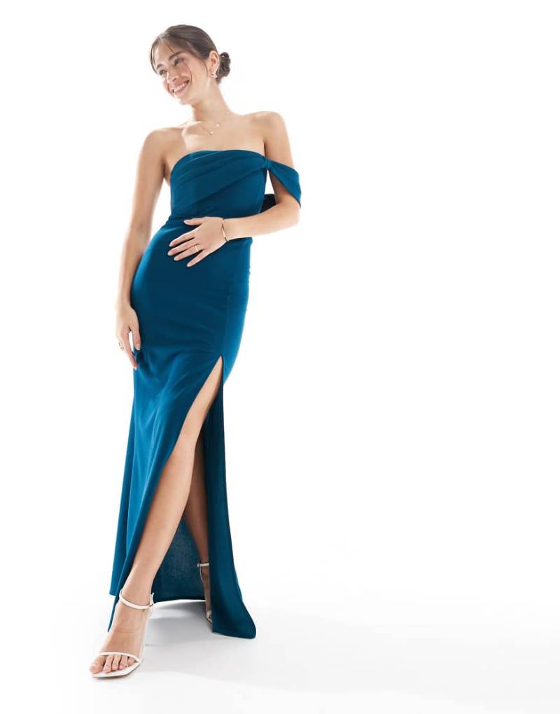 TFNC - Brautjungfernmode - Asymmetrisches Bardot-Maxikleid in Blaugrün von TFNC