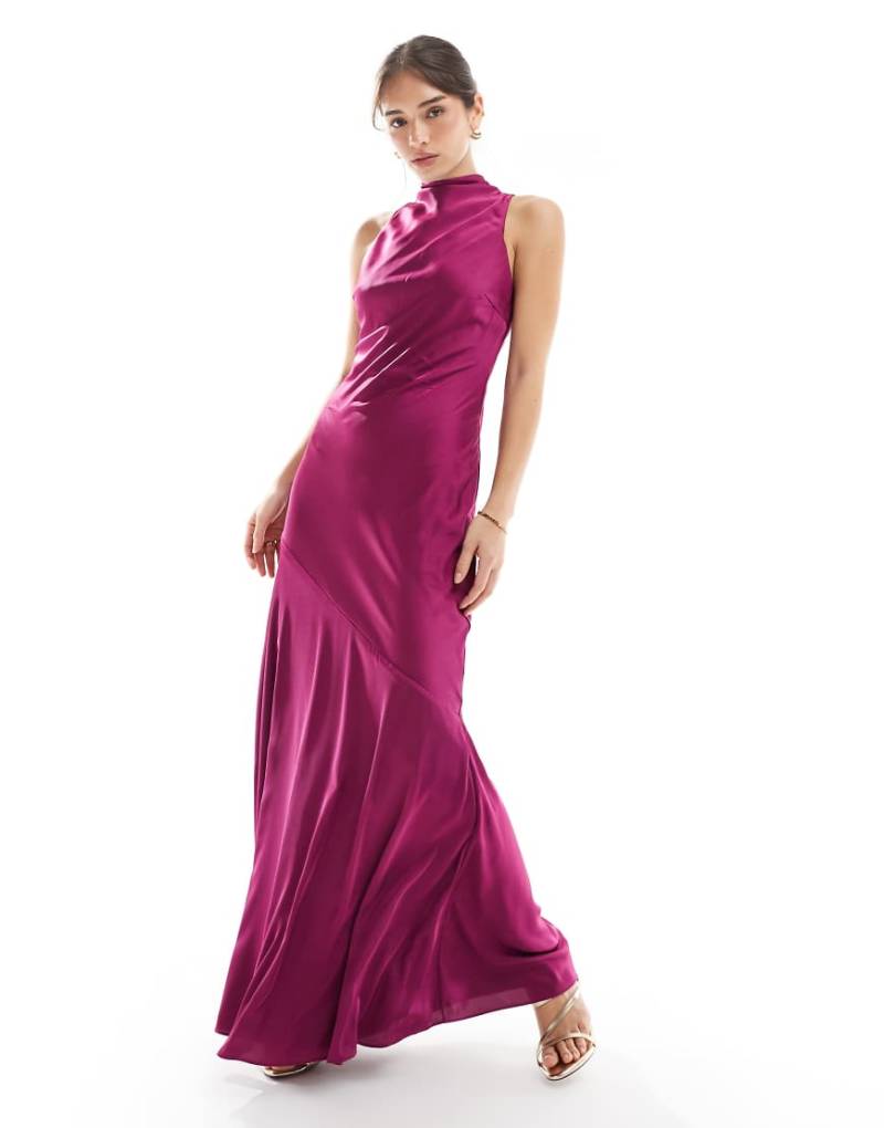 TFNC - Bridesmaid - Asymmetrisches, hochgeschlossenes Maxi-Brautjungfernkleid aus Satin in Pflaume-Lila von TFNC