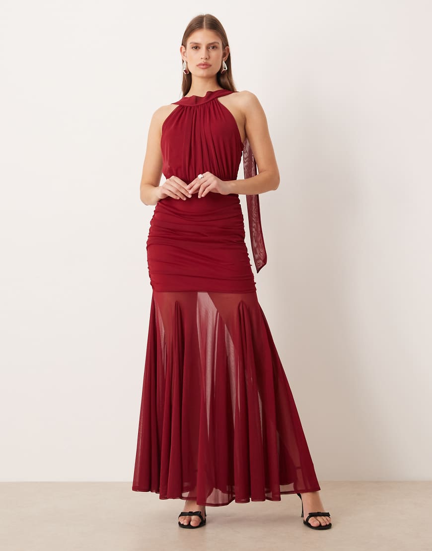 TFNC - Bridesmaid - Maxikleid in Weinrot mit Neckholder und transparentem Rock-Lila von TFNC