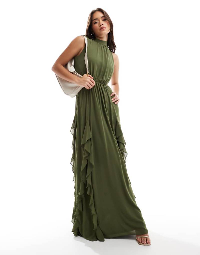 TFNC - Maxikleid in sanftem Olivgrün mit Rüschendetail, Rückenausschnitt und Beinschlitz von TFNC