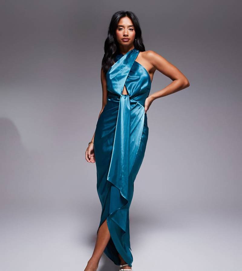 TFNC Petite - Neckholder-Kleid aus Satin in Petrol mit Wickelrock-Grün von TFNC Petite