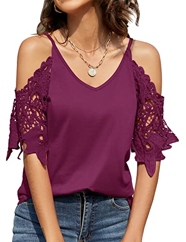 TFSDOD Damen Sommer V Ausschnitt Kalte Schulter Tops T Shirts Cut Out Spitze Kurzarm Einfarbig Blusen Shirt, fuchsia, XX-Large TFSDOD Damen Sommer V Ausschnitt Kalte Schulter Tops T Shirts Cut Out Spitze Kurzarm Einfarbig Blusen Shirt, fuchsia, XX-Large von TFSDOD