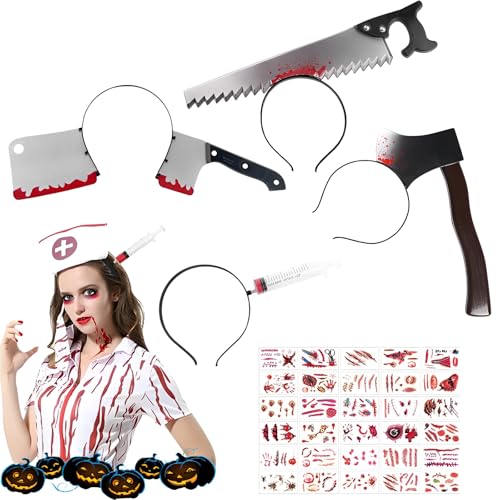 4 Stück Halloween Horror Haarbänder+30 Stück Halloween Zombie Scars Tattoos Aufkleber,Halloween Kostüm Accessoire Set,Axt Hackbeil eine Säge Syringe im Kopf Stirnbänder Haarreifen,für Halloween Party 4 Stück Halloween Horror Haarbänder+30 Stück Halloween Zombie Scars Tattoos Aufkleber,Halloween Kostüm Accessoire Set,Axt Hackbeil eine Säge Syringe im Kopf Stirnbänder Haarreifen,für Halloween Party von TFSZE