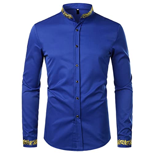 TFYSFSHN Schwarzes Herren-Hemd mit Stickerei, Herren-Frühlingshemden, Stehkragen, Knopfleiste (blau, XL) von TFYSFSHN