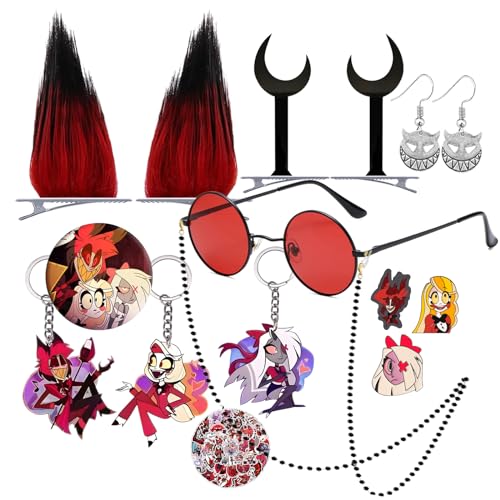Alastor Schmuck Radio Dämon Broschen Ohrringe Schlüsselanhänger Set Hazbi. Hotel Cosplay Brille Kostüm Zubehör mit Cartoon-Aufklebern 22 Stück von TFYU