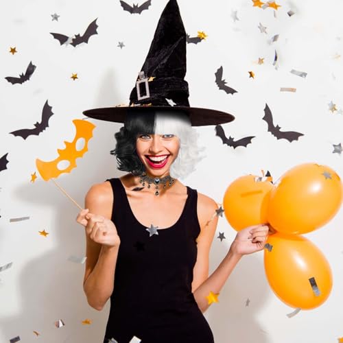 TGFIX Halb Schwarz Halb Weiß Perücke Damen Kurz Cosplay Schwarz Weiß Perücke Kurz mit Haarnetze Cruela Deville Perücke Pony Cosplay Wig Bob Perücke für Karneval Fasching Halloween Cosplay Party von TGFIX