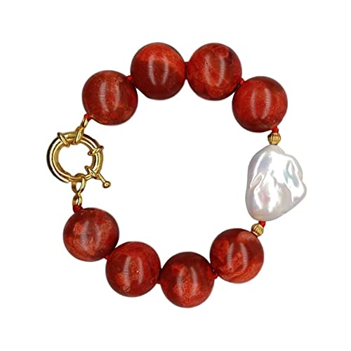 TGGOHIGH Armbänder 18 mm rotes rundes Schwamm-Korallen-weißes Kehsi-Perlenstrang-Armband, 20,3 cm, handgefertigter Stil for Frauen (Color : Red) von TGGOHIGH