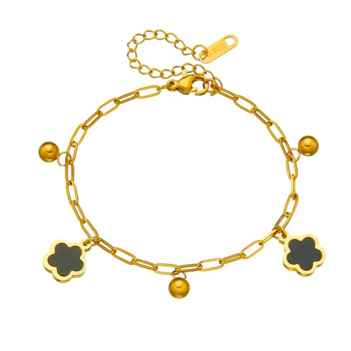 THALASIENE Armband Gold Damen 14k Vergoldet Charm Armkette,Armband Damen Gold für Frauen Mädchen,Bracelet Women,Schwarz Kleeblatt Kette von THALASIENE
