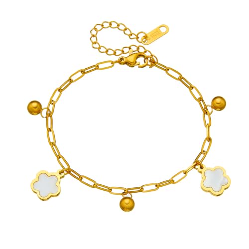 THALASIENE Armband Gold Damen 14k Vergoldet Charm Armkette,Armband Damen Gold für Frauen Mädchen,Bracelet Women,Weiß Kleeblatt Kette von THALASIENE