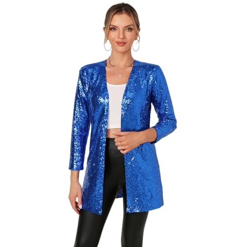 Damen Pailletten Jacke Langarm Open Front Blazer Glitzer Sparkly Coat Party Casual Cardigan, Königsblau, S von THANKPEARL