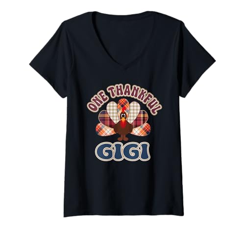 Damen One Thankful Gigi Türkei Thanksgiving Herbst Oma Familie T-Shirt mit V-Ausschnitt Damen One Thankful Gigi Türkei Thanksgiving Herbst Oma Familie T-Shirt mit V-Ausschnitt von THANKSGIVING TEES CO